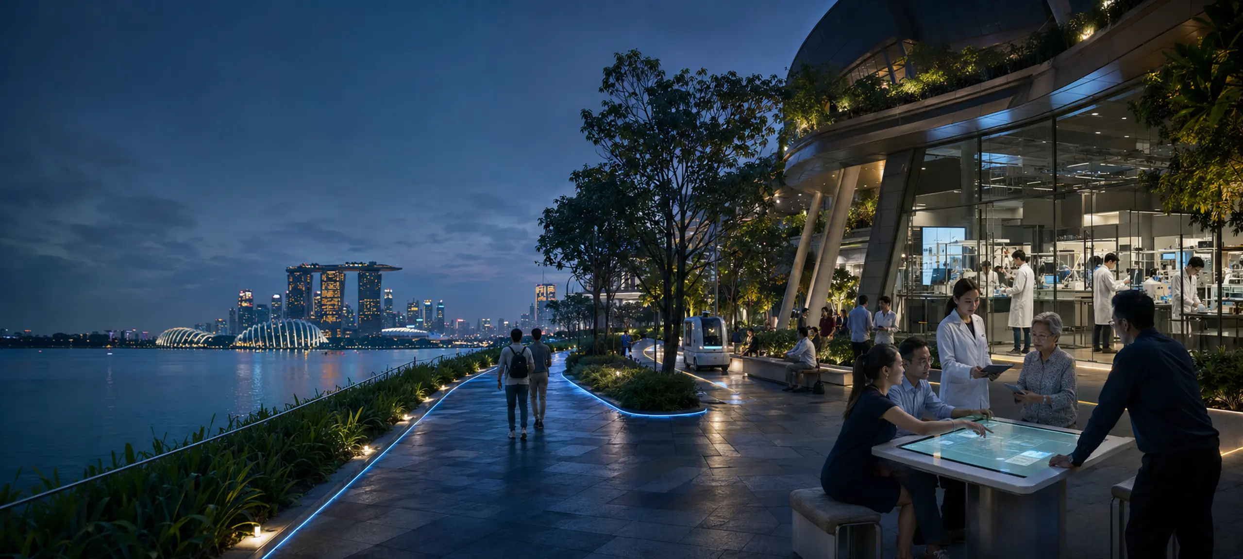 Conceptual near-future Singapore where research, public service, intelligent work and embodied systems share one connected waterfront
